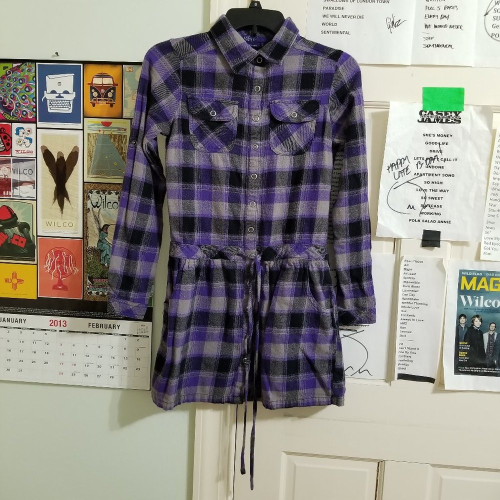Miley Cyrus Max Azria dress Small plaid flannel shirtdress pockets drawstring